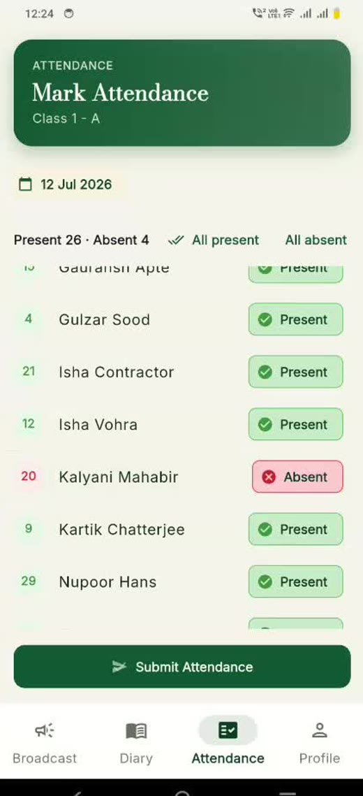 Mark Attendance screen for Class 1-A, showing a present/absent list and a submit button