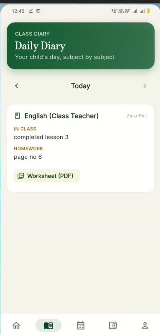 Guardian view of the class diary showing a subject entry with homework