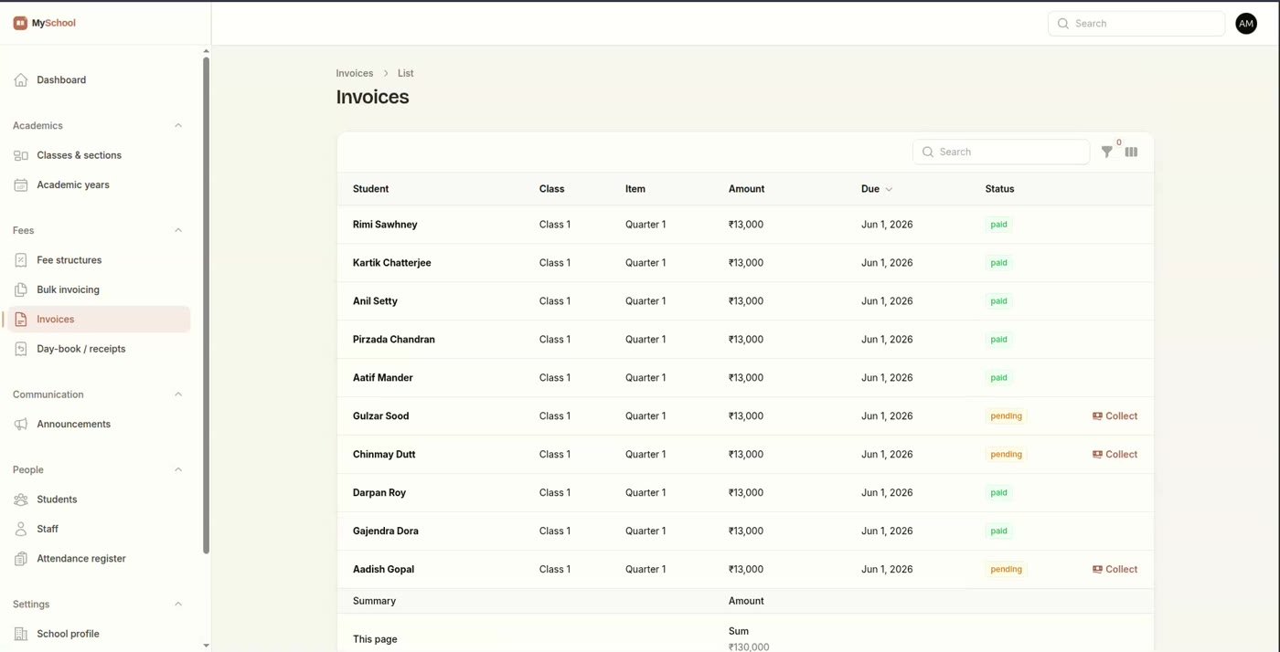 Klassmate web app showing the invoices list with payment status