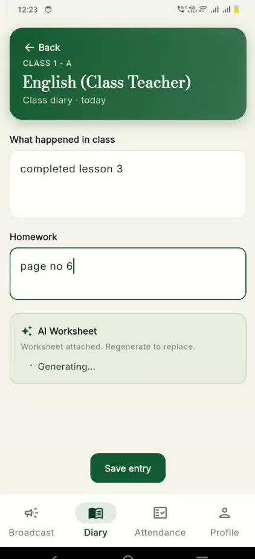 Klassmate mobile app showing a class diary entry with an AI worksheet attached